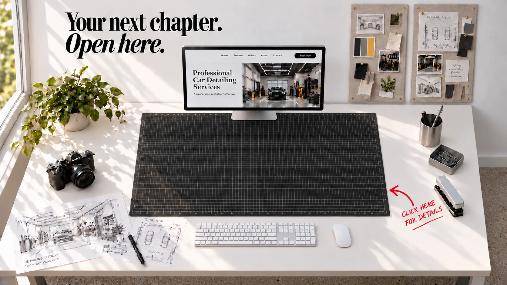 Bright designer workspace with a black cutting mat, idea boards, a monitor, mirrorless camera and detailing-shop sketches.